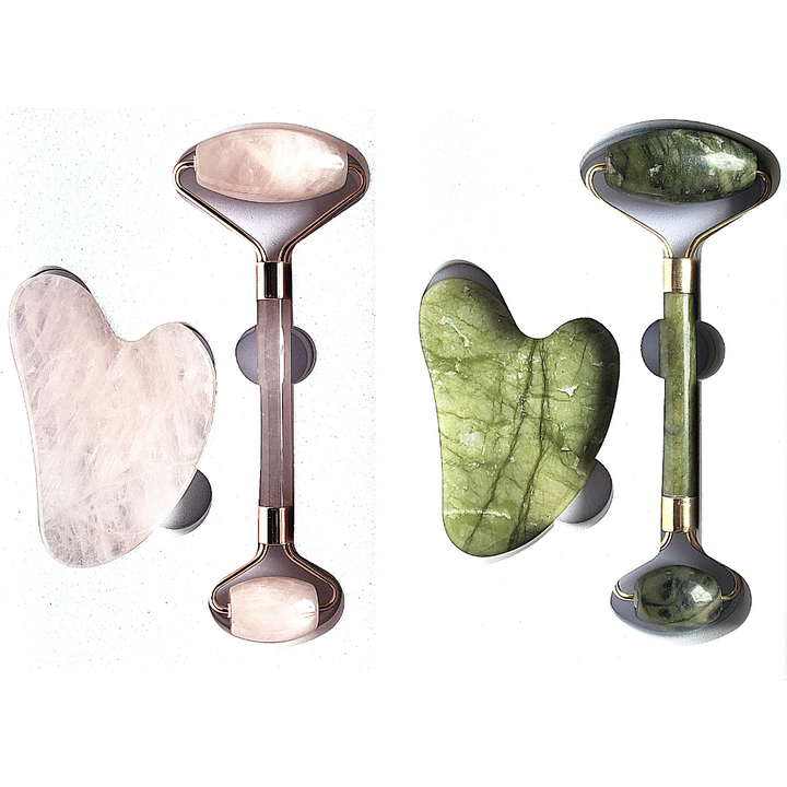 Facial Massage Gift Set - Gua Sha Stone + Facial Roller (Jade or Rose Quartz) - People's Herbs